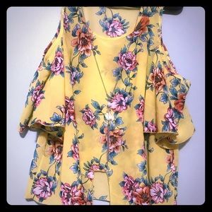 Yellow floral peekaboo sleeve tie up blouse